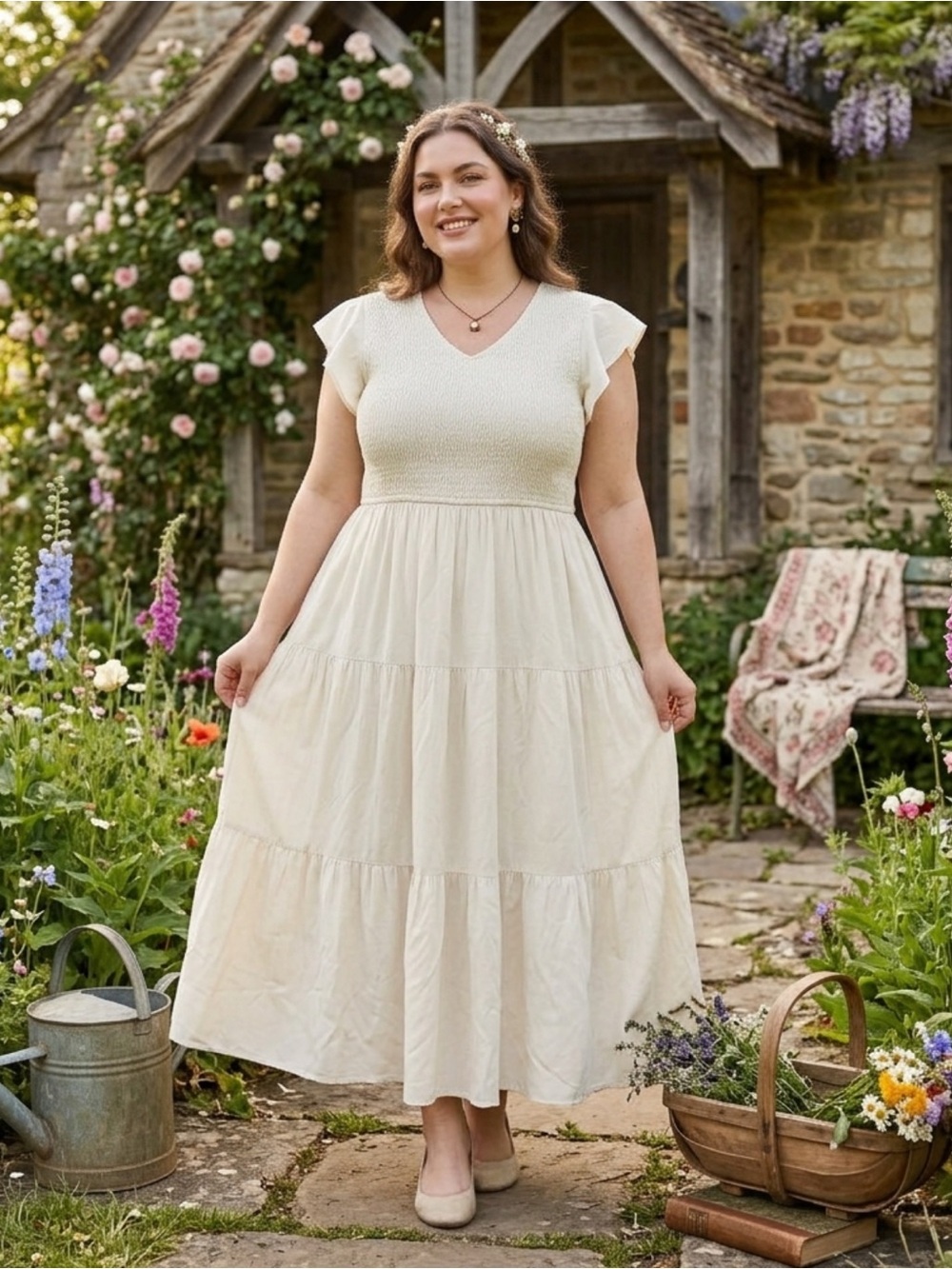 Boutique Smocked Tiered Skirt Midi Dress Cream Romantic Cottagecore Boho XL